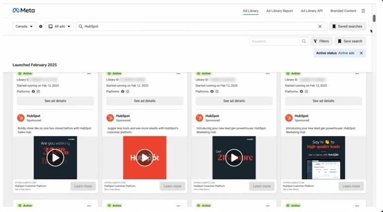 Meta Ad Library showing active HubSpot ads.