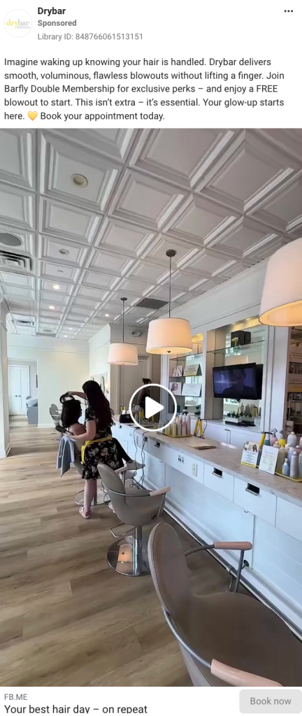 Drybar video ad filmed inside their branded salon promoting the Barfly Double Membership with a Book Now call to action.