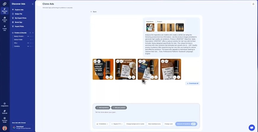 GetHookd's Clone Ads feature generates multiple AI ad variations from a single product reference.
