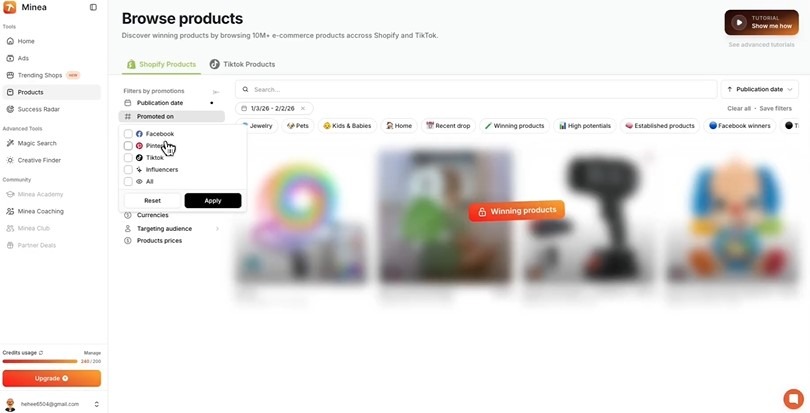 Minea Browse Products dashboard with filters for promoted platforms, including Facebook, Pinterest, and TikTok.