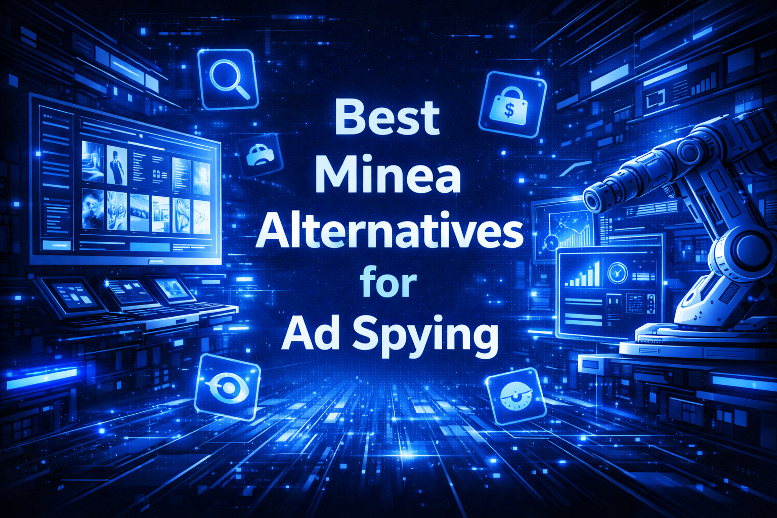 Best Minea alternatives for ad spying graphic with analytics dashboards, search icons, and robotic arm in a futuristic digital workspace.