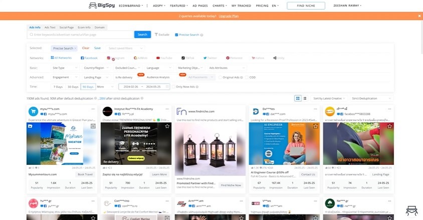 BigSpy dashboard showing ad search filters and a grid of competitor ad creatives with engagement metrics.