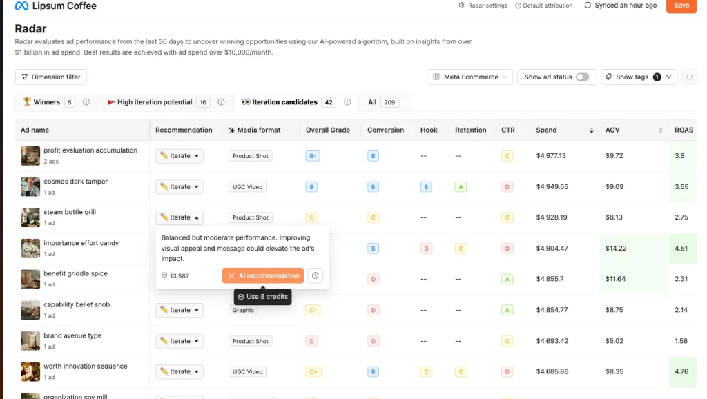 Atria Radar dashboard scores ads by ROAS and spend, with an open "AI recommendation" tooltip suggesting improved visuals to boost a mid-grade ad's impact.