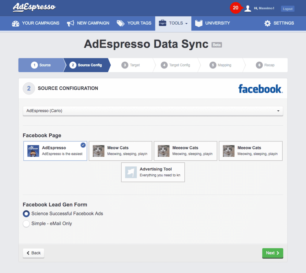 AdEspresso's Data Sync setup walks users through a step-by-step source configuration to connect Facebook pages and lead gen forms for streamlined campaign management across accounts. (Image source: AdEspresso)