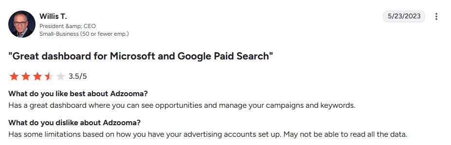 A 3.5-star G2 user review of Adzooma rated the platform 3.5 out of 5 stars, highlighting its dashboard for paid search campaigns.
