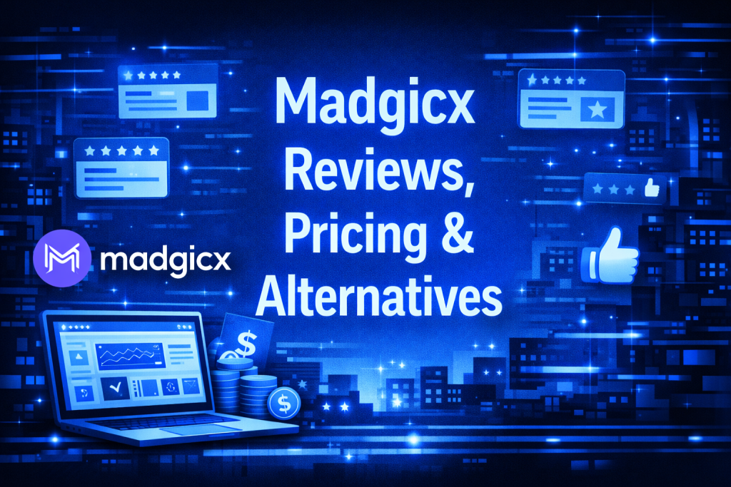 Illustration with centered text “Madgicx Reviews, Pricing & Alternatives,” featuring a laptop dashboard, analytics icons, and the Madgicx logo on a futuristic city background.