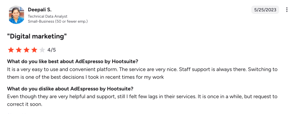 A 4-star review on AdEspresso.