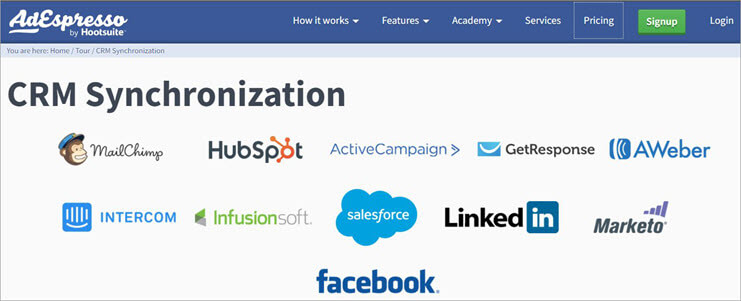 AdEspresso's CRM Synchronization feature showing logos of 11 supported integrations, including HubSpot, Salesforce, MailChimp, and Marketo.
