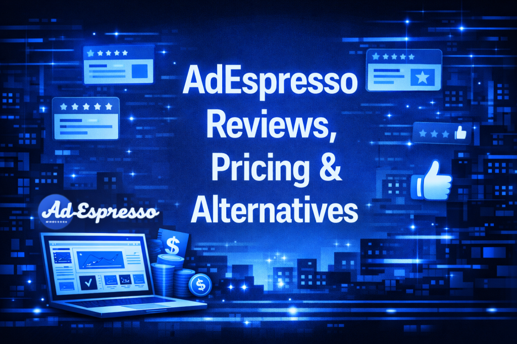 Illustration with centered text “AdEspresso Reviews, Pricing & Alternatives,” featuring a laptop analytics dashboard, review icons, and the AdEspresso logo on a futuristic city background
