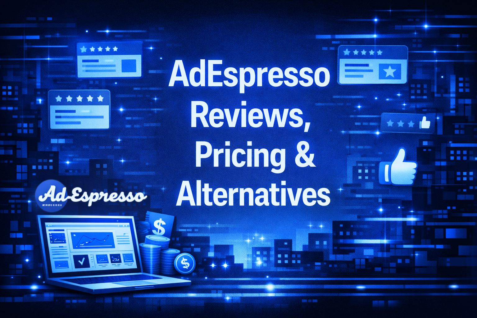 Illustration with centered text “AdEspresso Reviews, Pricing & Alternatives,” featuring a laptop analytics dashboard, review icons, and the AdEspresso logo on a futuristic city background