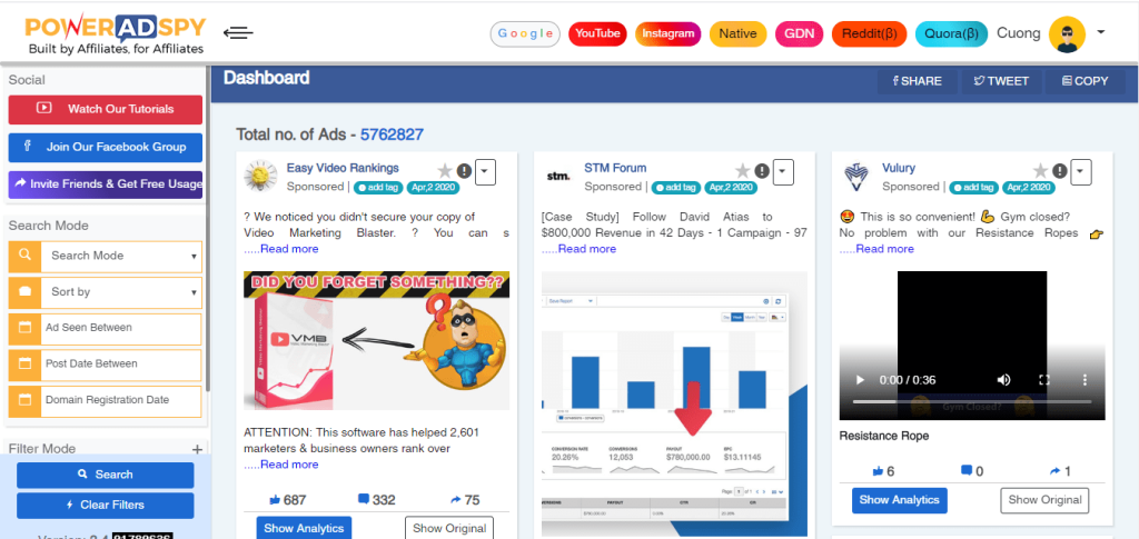 PowerAdSpy dashboard displaying 5,762,827 total ads with platform tabs for Google, YouTube, Instagram, GDN, Reddit, and Quora.