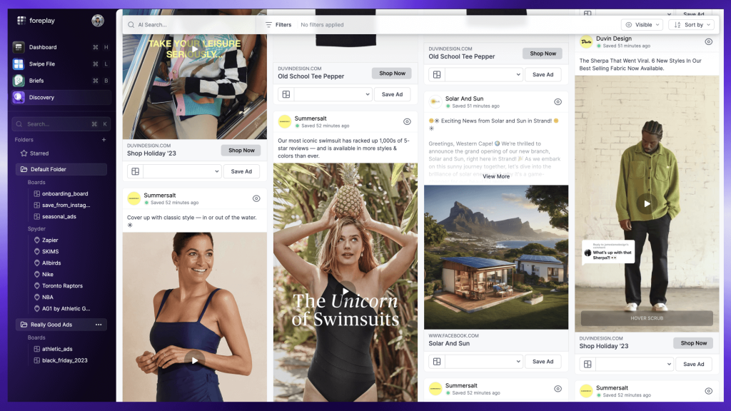 Foreplay's Swipe File interface showing saved ads from brands like Summersalt and Duvin Design grouped in boards, with custom brand folders visible in the left sidebar.