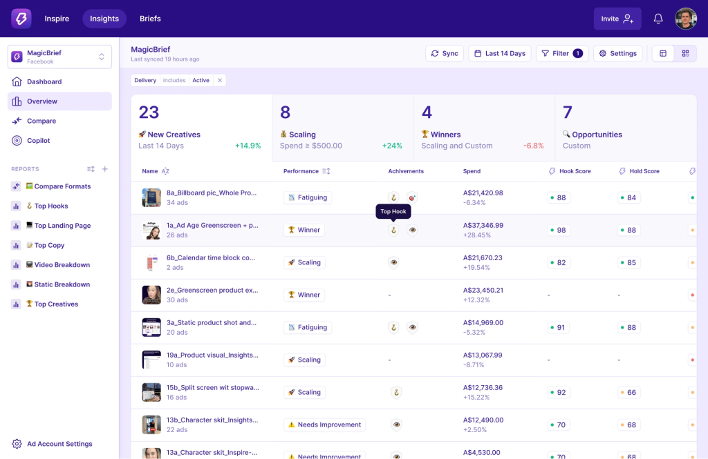 MagicBrief Insights dashboard showing active Facebook ad creatives ranked by performance status.