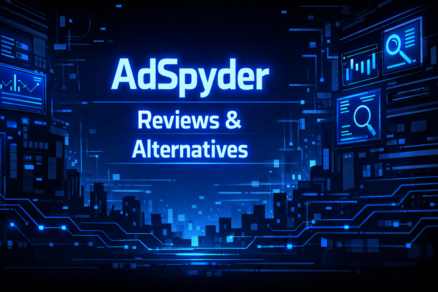 AdSpyder Pricing, Reviews and Alternatives graphic with analytics screens, magnifying glass icons, and a dark blue neon-lit digital corridor background.