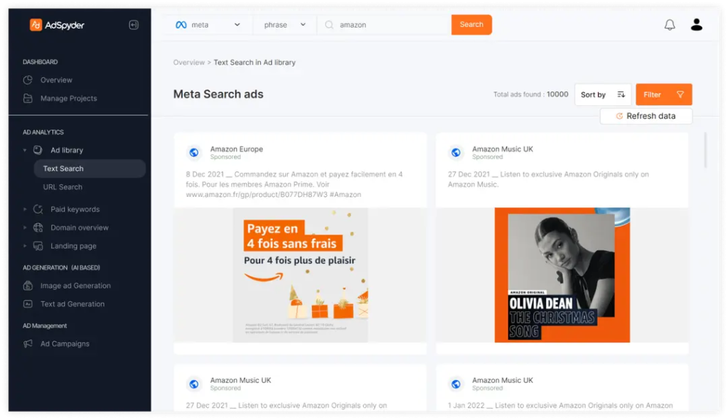 AdSpyder's Text Search interface showing 10,000 Meta ad results for 'amazon,' with sponsored creatives from Amazon Europe and Amazon Music UK