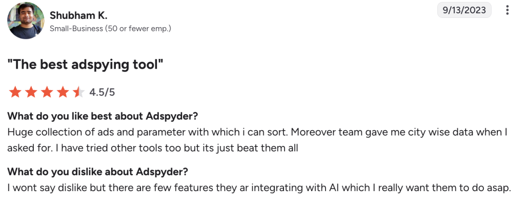 A 4.5-star review on AdSpyder.