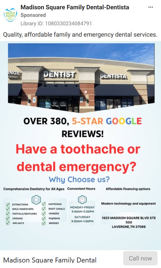 Ad of Madison Square Family Dental storefront for emergency dental services.