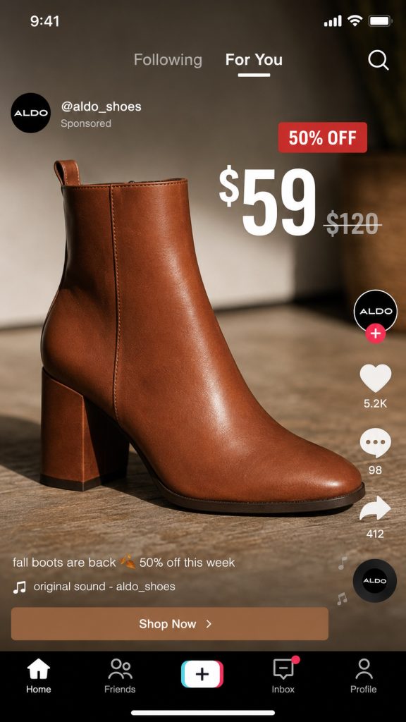 Aldo TikTok ad mockup showing a cognac ankle boot with a $59 sale price tag, strikethrough $120 original price, and "50% OFF" badge.