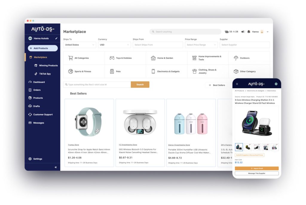 AutoDS Marketplace dashboard with filters for shipping, currency, and price alongside best-selling product listings.