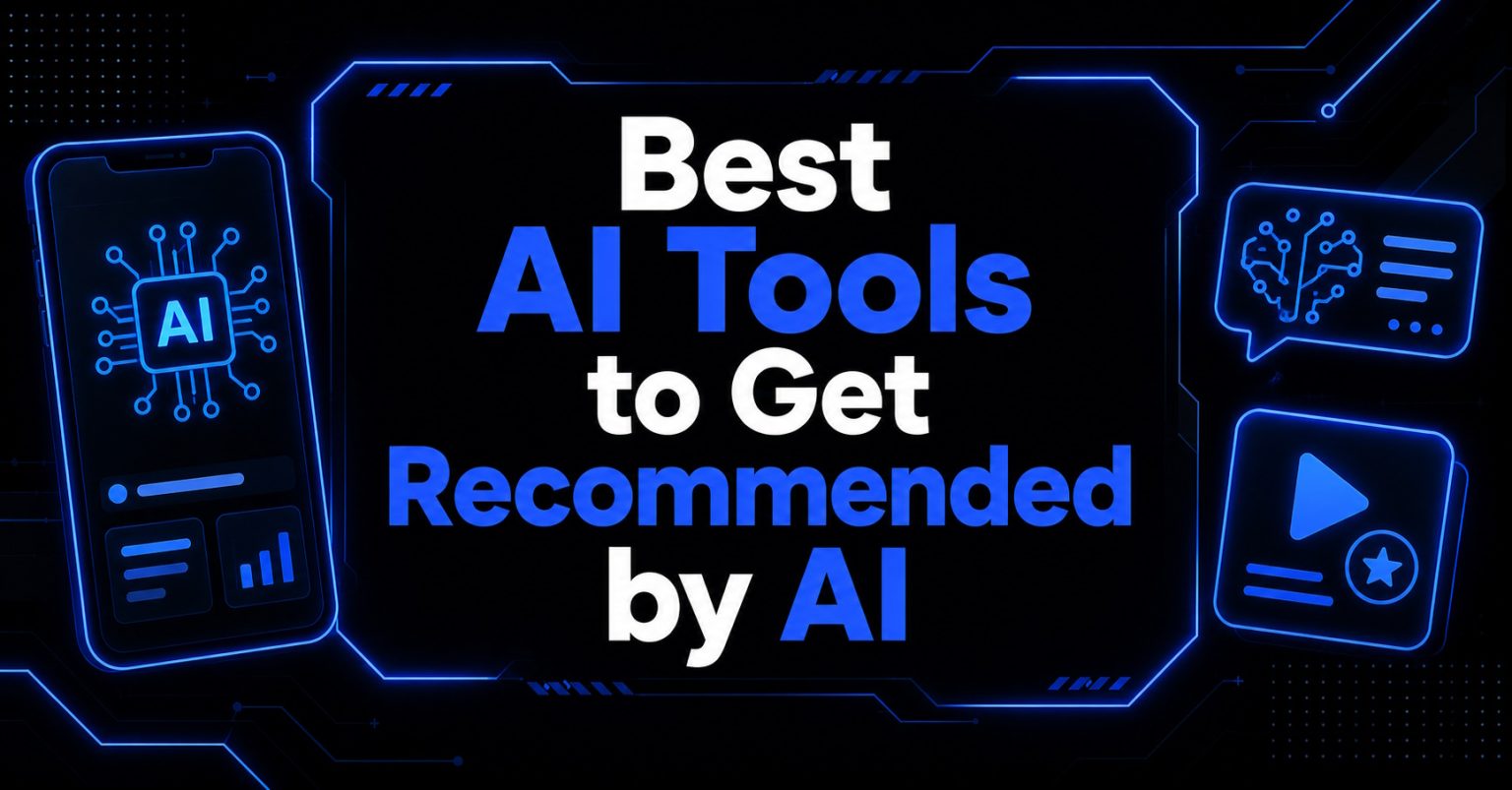 Best AI Tools to Get Recommended by AI headline in neon blue cyberpunk style with futuristic interface icons
