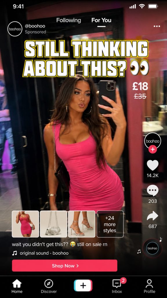 Boohoo TikTok ad mockup showing a woman in a hot pink bodycon mini dress with "Still thinking about this?" cart-recovery overlay, £18 sale price, and a "+24 more styles" carousel strip.