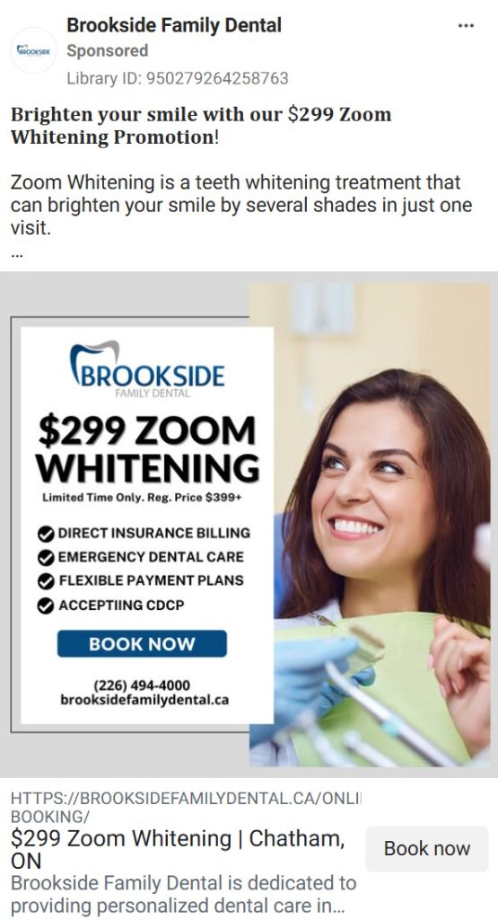 Brookside Family Dental ad promoting a $299 Zoom teeth whitening offer.
