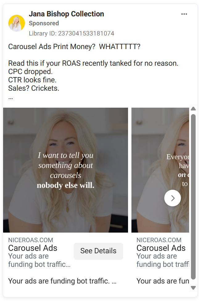 Carousel ad with bold text reading "I want to tell you something about carousels nobody else will.