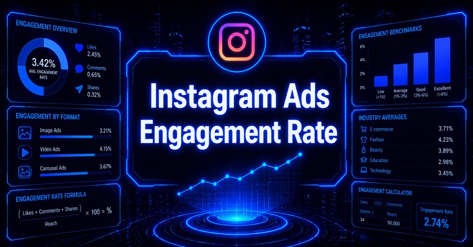 Cyberpunk-style header image with “Instagram Ads Engagement Rate” in glowing blue text, featuring Instagram-themed analytics dashboards, engagement benchmarks, performance charts, and a digital engagement rate calculator on a futuristic tech background.