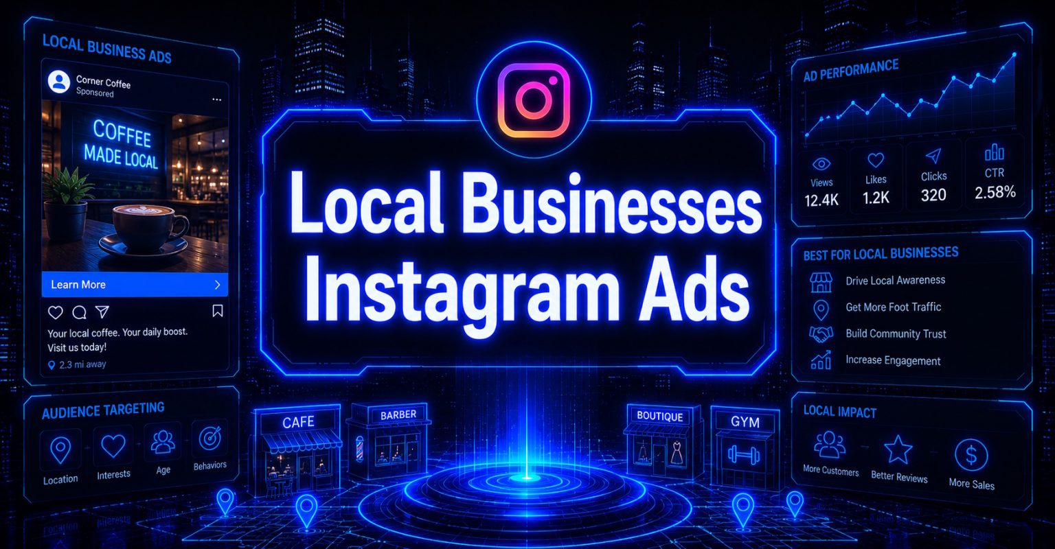 Cyberpunk-style header image with “Local Businesses Instagram Ads” in glowing blue text, featuring Instagram ad mockups, local business storefront icons, audience targeting tools, performance analytics, and futuristic holographic dashboards on a dark tech-themed background.