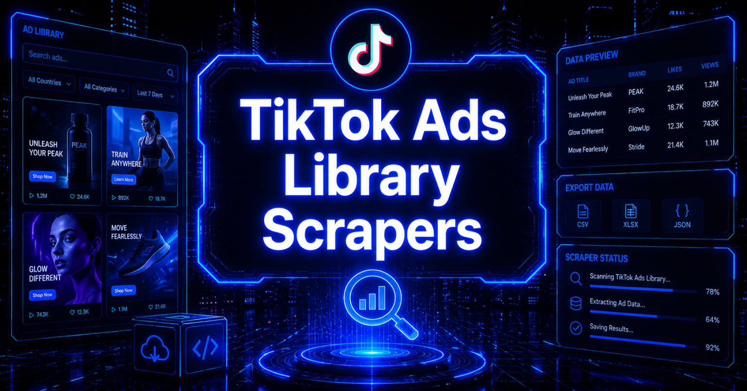 Cyberpunk-style header image with “TikTok Ads Library Scrapers” in glowing blue text, featuring a TikTok-themed ad library dashboard, data export panels, scraper analytics, and futuristic holographic interfaces on a dark tech background.