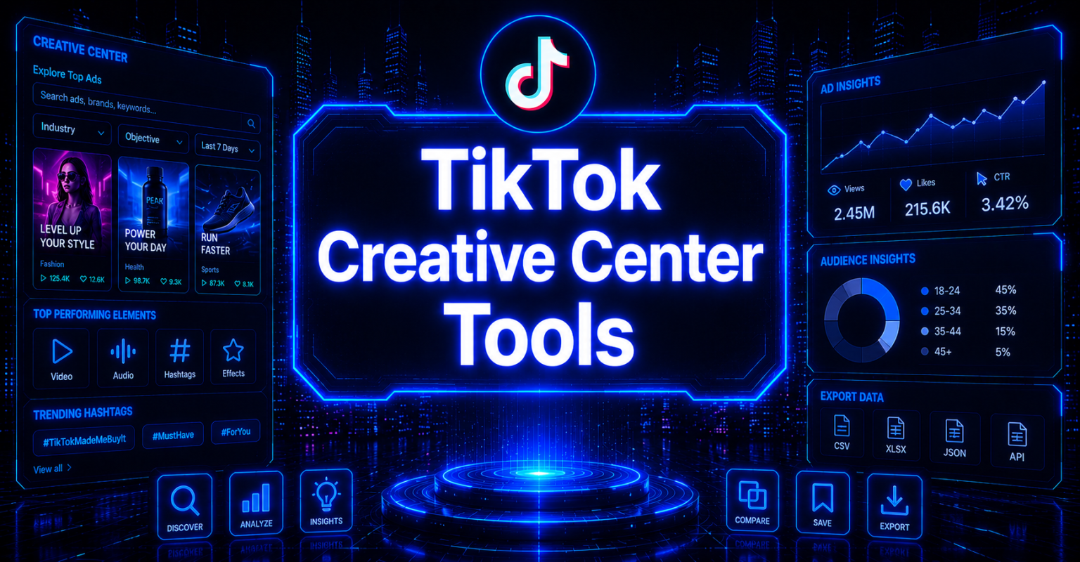 Cyberpunk-style header image with “TikTok Creative Center Tools” in glowing blue text, featuring a TikTok Creative Center dashboard, ad analytics panels, audience insights, export tools, and futuristic holographic interfaces on a dark tech-themed background.