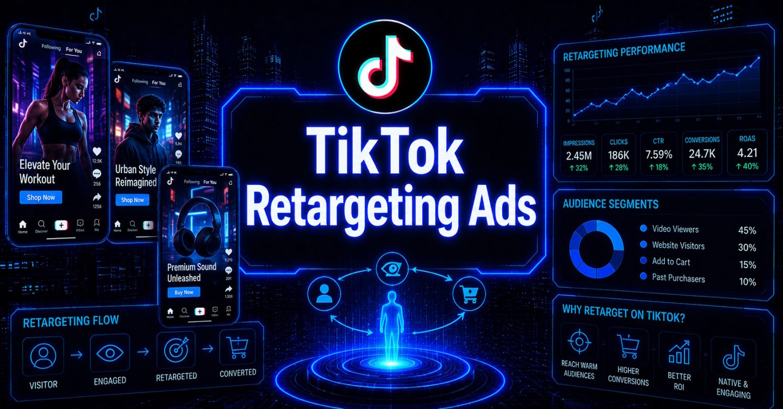 Cyberpunk-style header image with “TikTok Retargeting Ads” in glowing blue text, featuring TikTok ad mockups, retargeting audience flows, and performance analytics on a futuristic tech background.