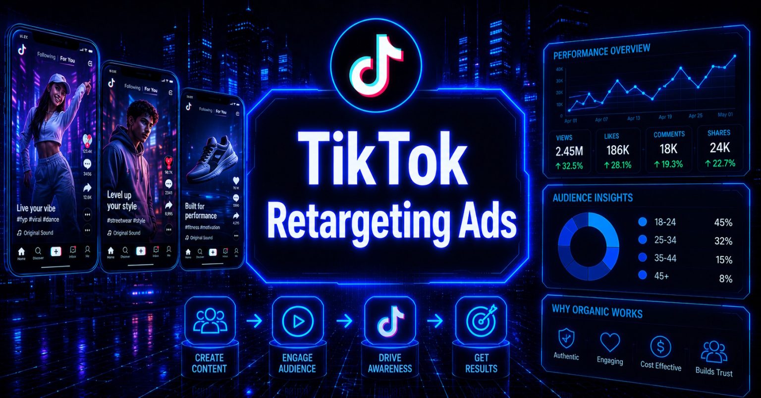 Cyberpunk-style header image with “TikTok Retargeting Ads” in glowing blue text, featuring TikTok content mockups, audience insights, and marketing analytics on a futuristic tech background.