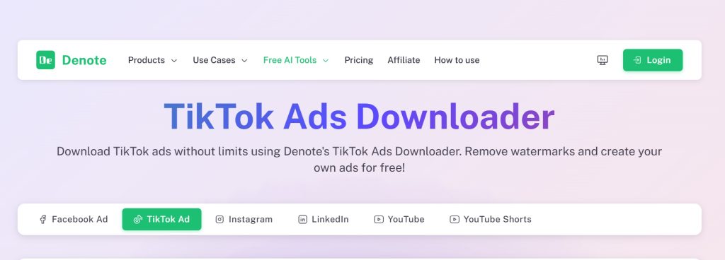 Denote TikTok Ads Downloader page with platform tabs for Facebook Ad, TikTok Ad, and YouTube Shorts.
