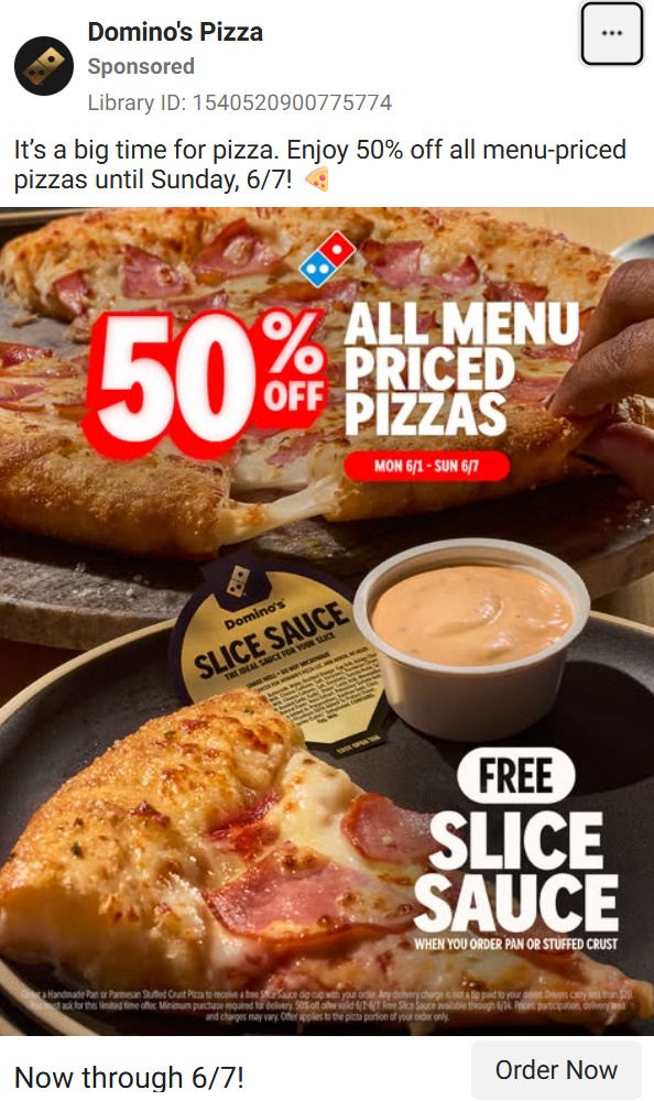 Domino's ad showing a pizza with "50% OFF MENU-PRICED PIZZAS" and a "Redeem Now on the App" button.