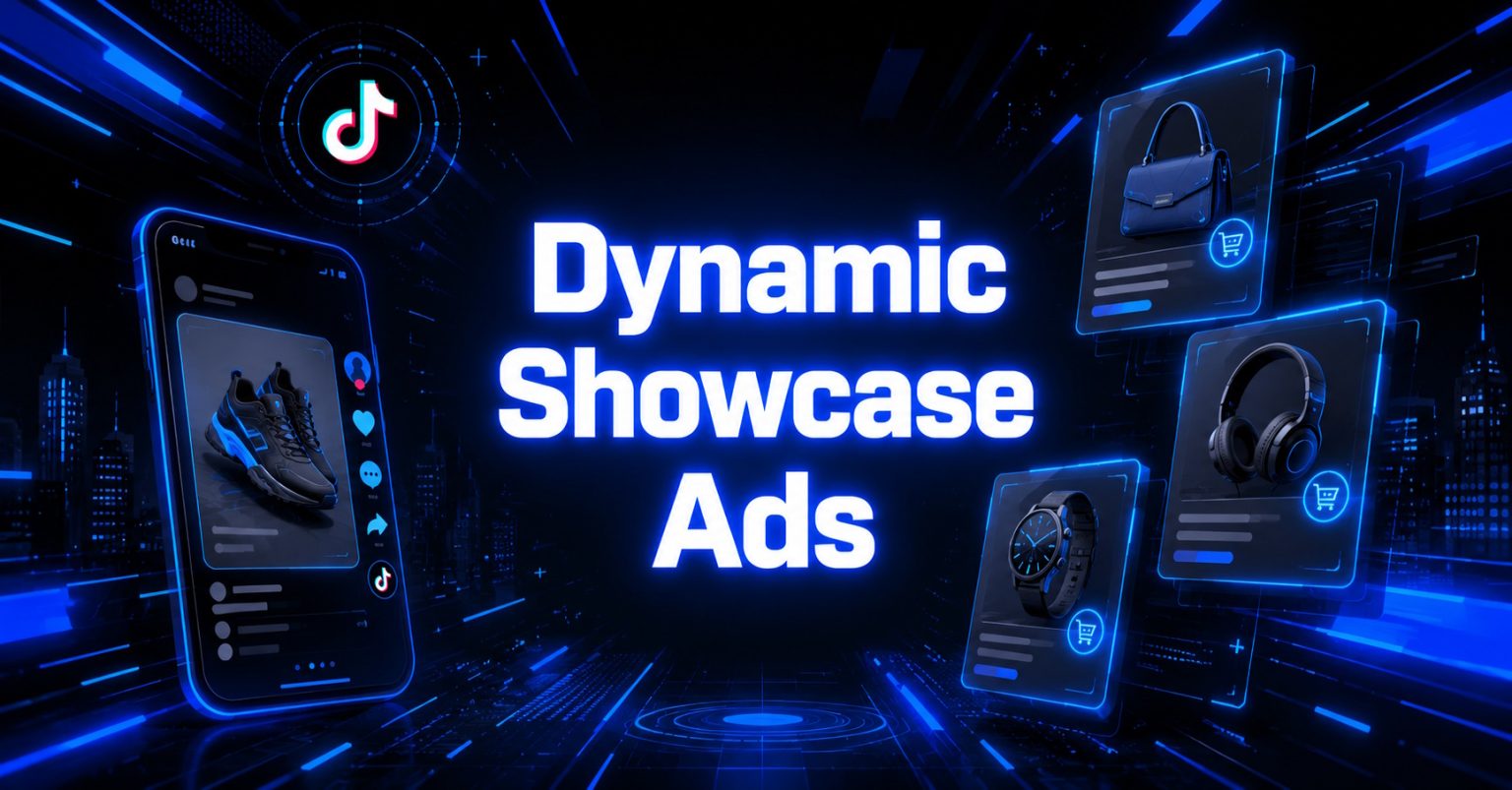 "Dynamic Showcase Ads" promotional graphic with a TikTok feed displaying a sneaker ad next to floating product cards for a bag, headphones, and a watch.