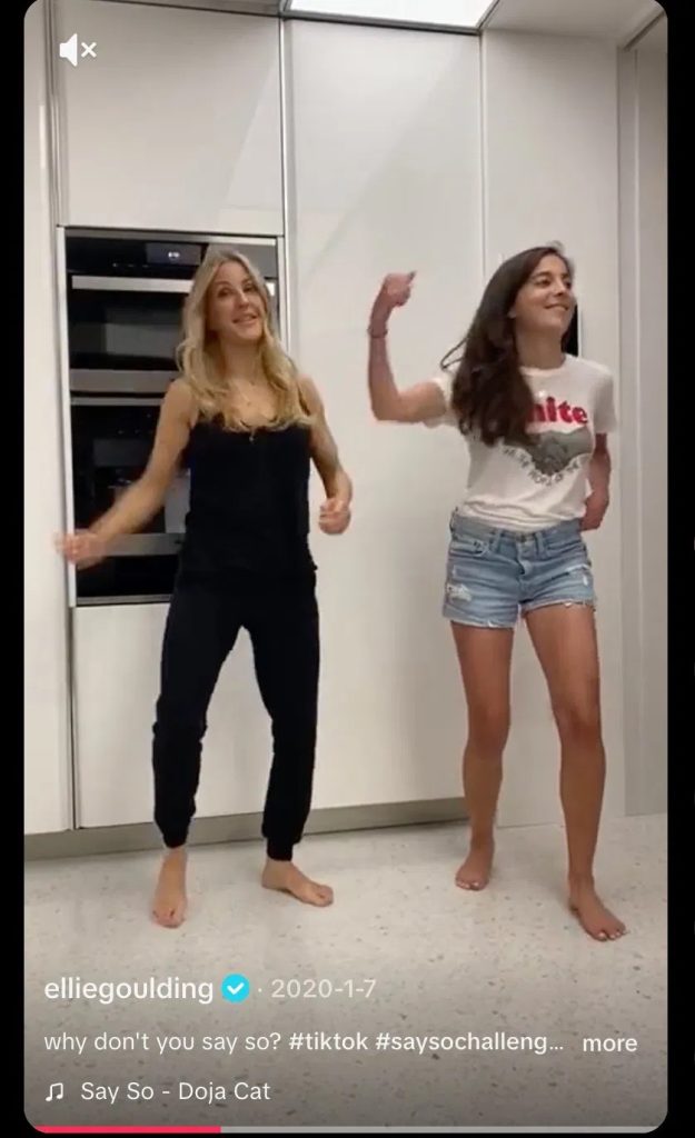 Ellie Goulding's TikTok of two women dancing barefoot in a kitchen to "Say So" by Doja Cat, seeding the #saysochallenge.