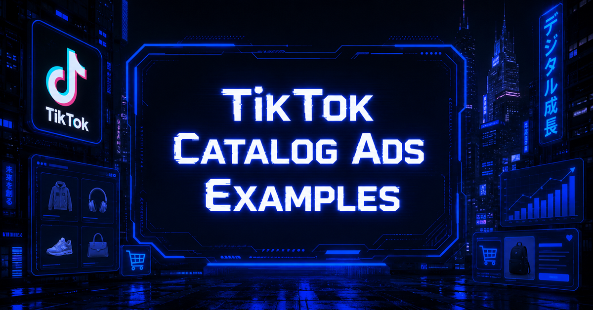 Futuristic display promoting TikTok Catalog Ads Examples with product cards showing fashion items and a shopping cart icon.