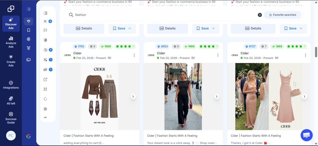 GetHookd Explore Ads search for fashion, showing Cider ad creatives with engagement metrics.