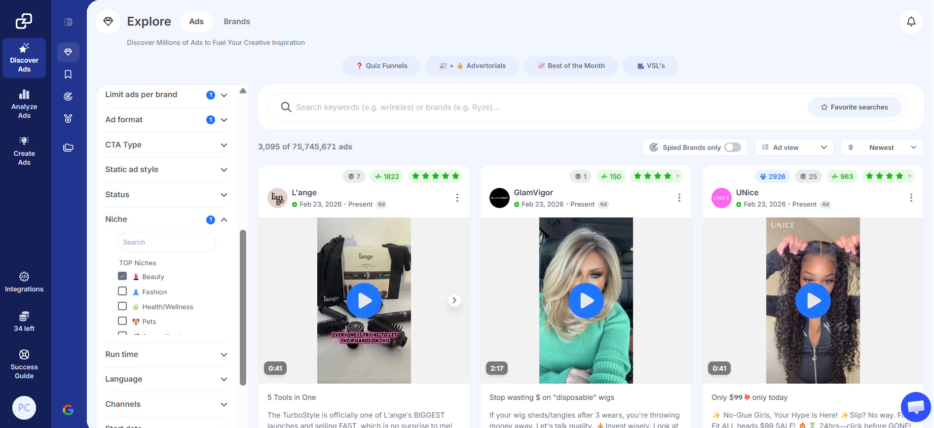 GetHookd Explore dashboard with filters for niche, ad format, and run time.