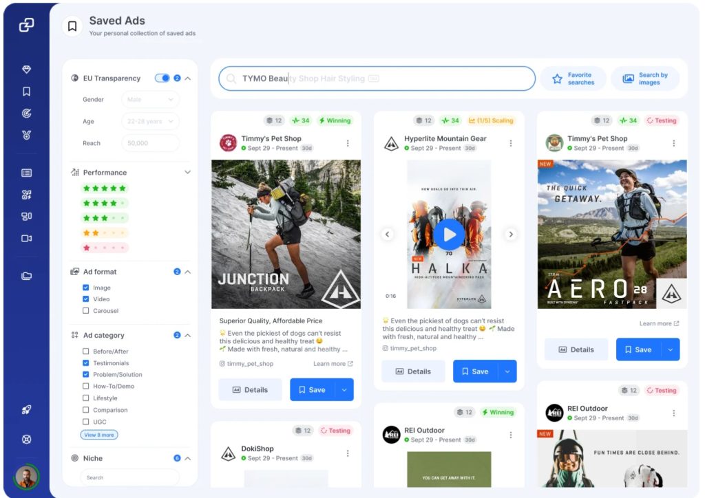 GetHookd’s Saved Ads dashboard showing competitor ad campaigns with performance filters. 