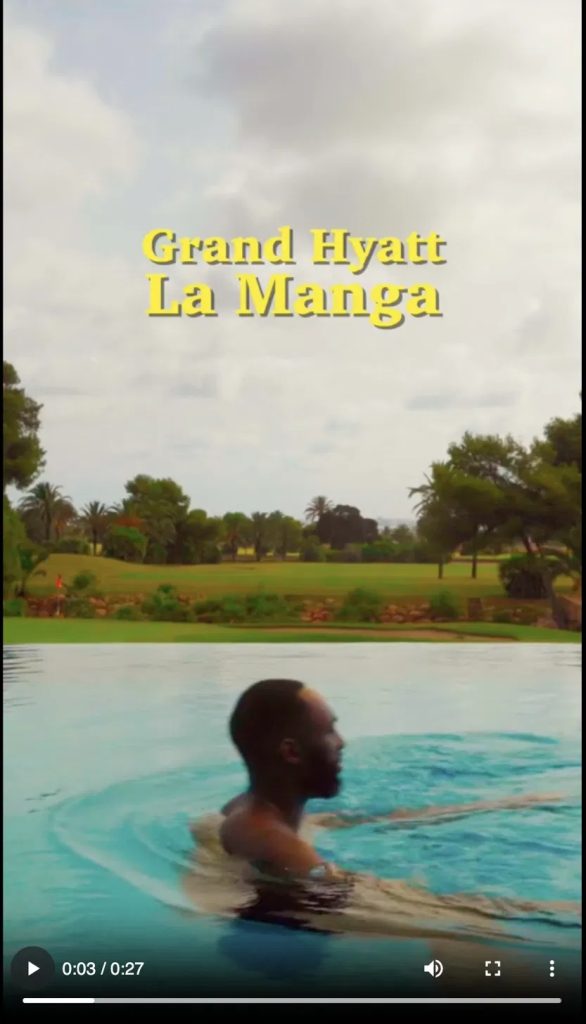 Hyatt #HyattTakesYouPlaces TikTok ad: a person swimming in an infinity pool overlooking a golf course, with a yellow "Grand Hyatt La Manga" title, illustrating the campaign's creator-led, native travel content.