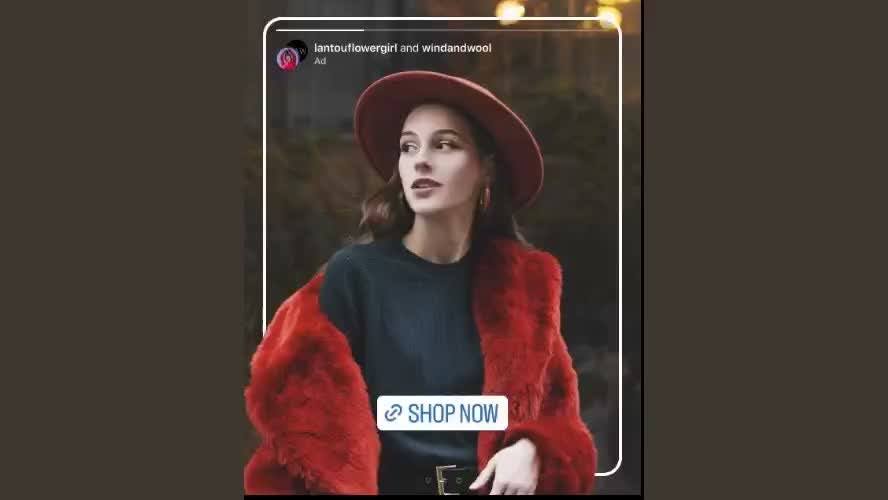 Instagram Partnership Ad showing a model in a red fur coat and hat, co-branded between lantouflowergirl and windandwool with a "Shop Now" button.