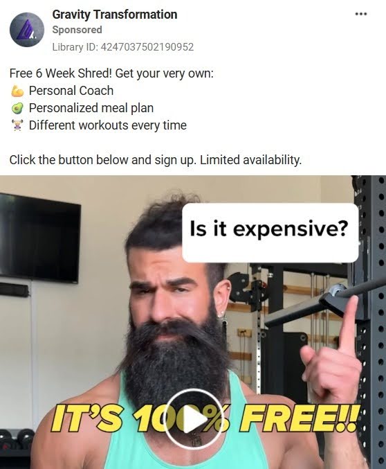 Instagram ad showing a bearded man in a teal tank top with text "It's 100% FREE!!, for a limited time."