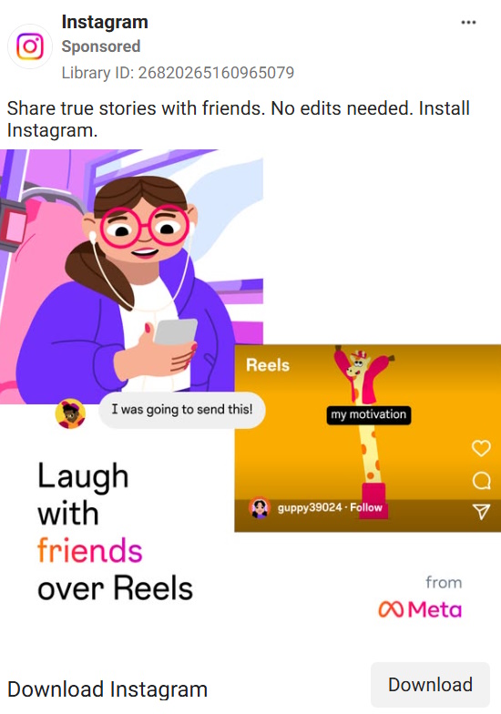 Instagram app install ad featuring an illustrated user watching Reels, with messaging focused on sharing content with friends and a download CTA. 