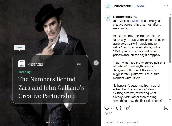 Instagram post by launchmetrics featuring John Galliano in a black hat, discussing his creative partnership with Zara.