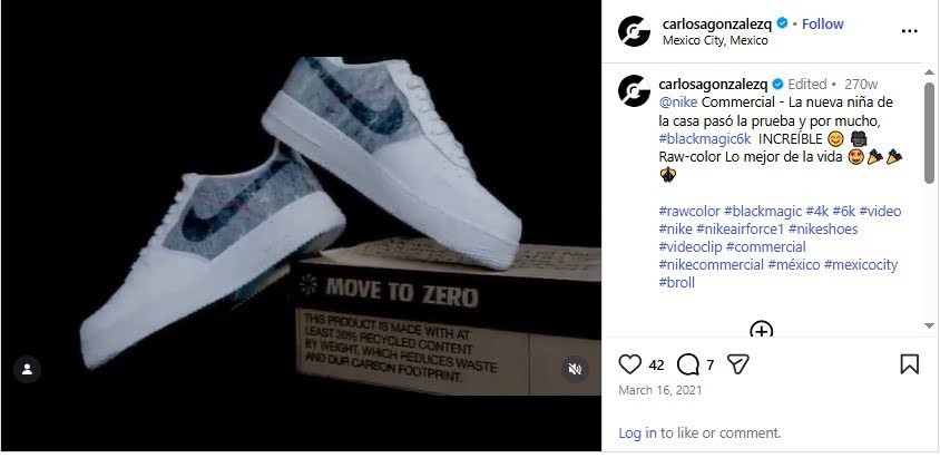 Instagram post showing Nike sneakers live ad displayed above a branded shoebox, with caption and hashtags visible on the right.