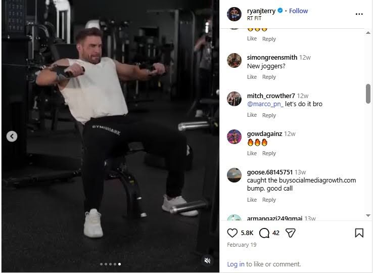 Instagram video of a man performing a gym exercise, with the comments section open on the right side.