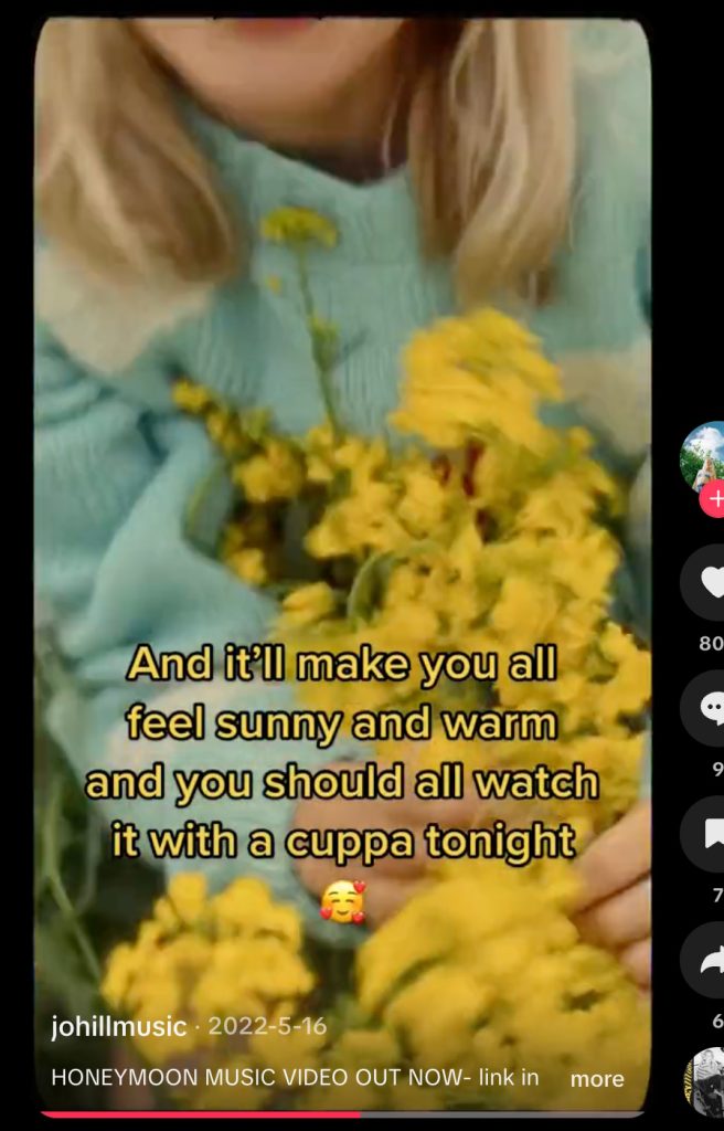 "Jo Hill's TikTok: 'HONEYMOON MUSIC VIDEO OUT NOW' — woman in teal cradling yellow mimosa blooms, organic content later boosted as a paid ad."