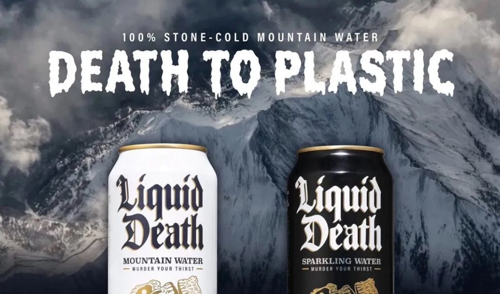 Liquid Death "Death to Plastic" campaign banner showing the brand's Mountain Water and Sparkling Water cans against a snow-capped alpine mountain backdrop, with the headline in gothic horror-style typography.